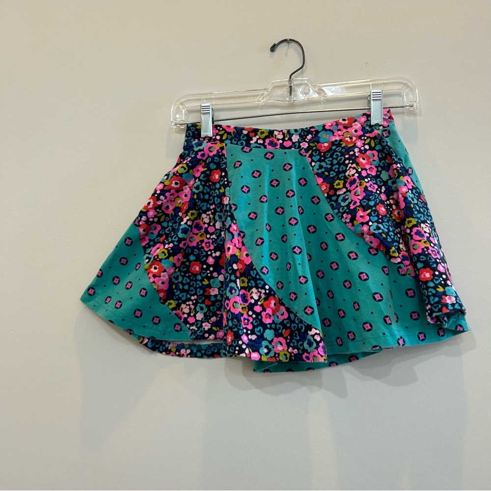 Hartstrings Asymmetrical Pink and Green Mini Skater Skirt